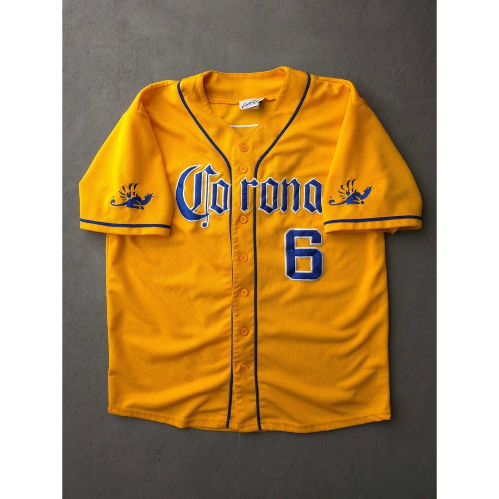 Corona Baseball Jersey Mens Large Yellow Blue Button Up Beer Promo 90s